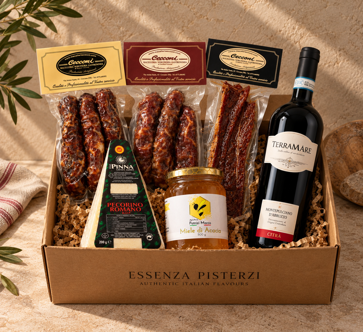 Italian Aperitivo Gift Box by Essenza Pisterzi with Cecconi artisanal cured meats, Pecorino Romano DOP, acacia honey and TerraMare Montepulciano d'Abruzzo red wine.
 Copia