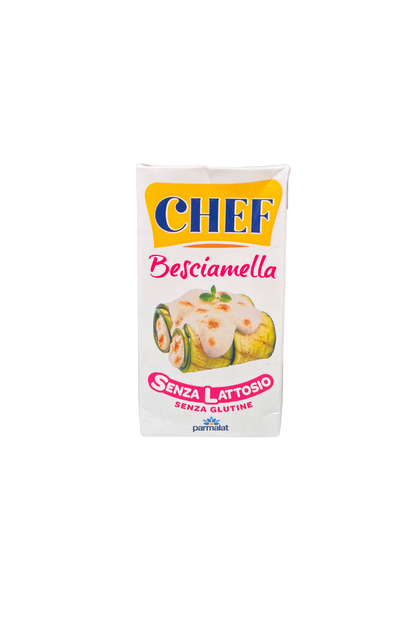 Confezione di Besciamella Chef Parmalat 500ml senza lattosio e senza glutine, perfetta per piatti leggeri e gustosi.
