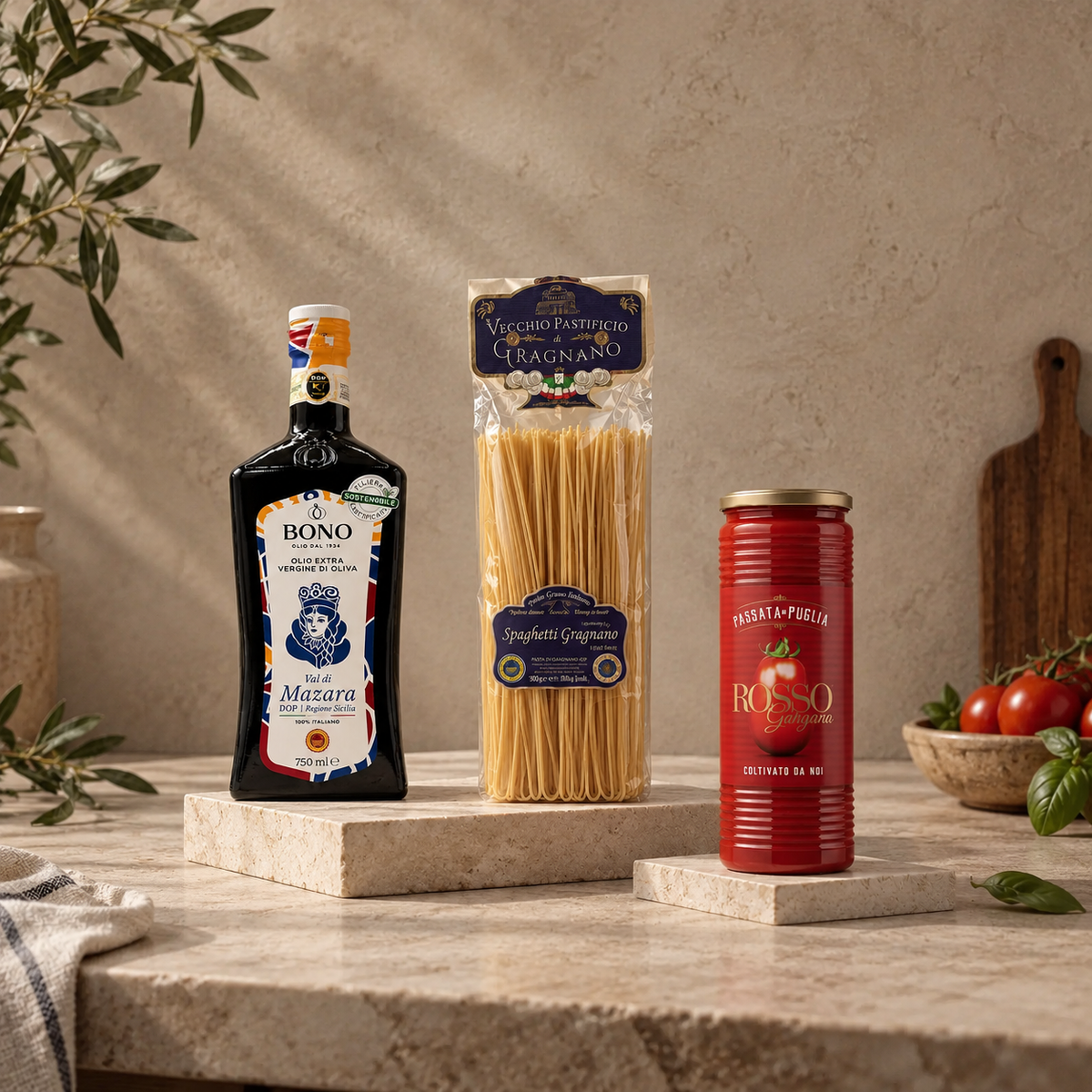 The Italian Everyday Essentials box featuring BONO Val di Mazara DOP extra virgin olive oil 750ml, Gragnano IGP spaghetti 500g and Rosso Gargano tomato passata from Puglia.
 Copia ALT