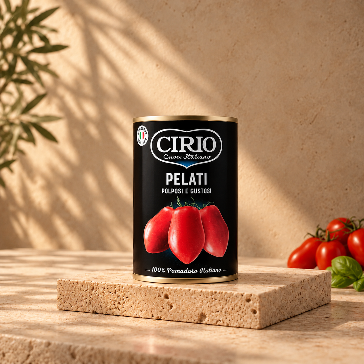 CIRIO Pomodori Pelati Polposi e Gustosi 800 g, 100% pomodoro italiano, lattina su pietra naturale in ambientazione mediterranea.