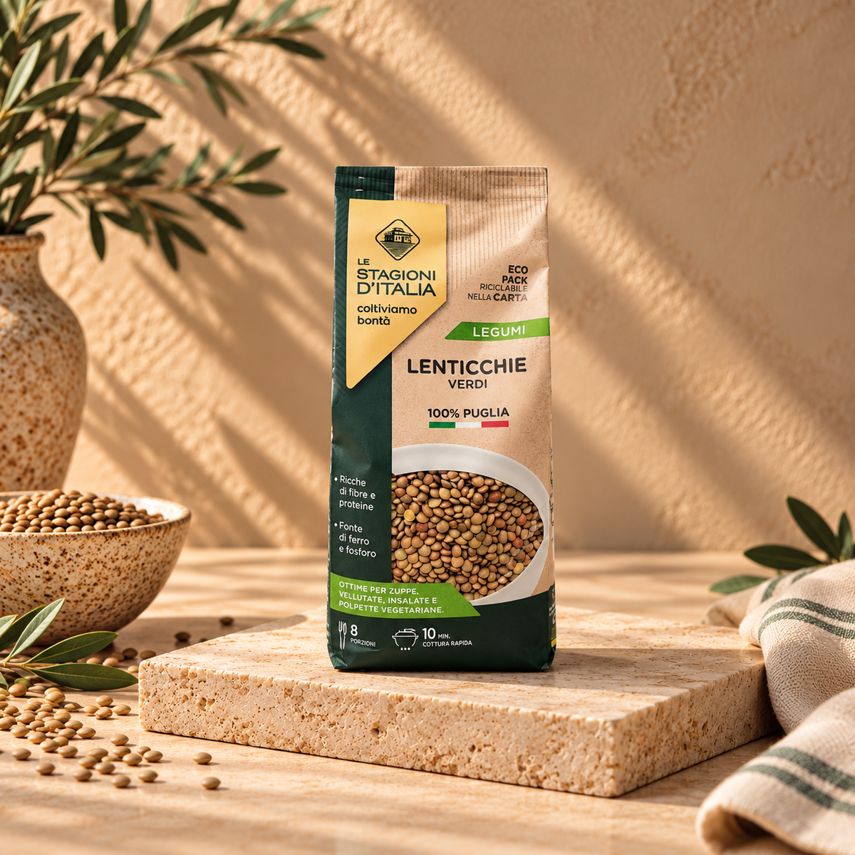 Le Stagioni d'Italia green lentils 400g grown in Puglia Italy – authentic Italian legumes