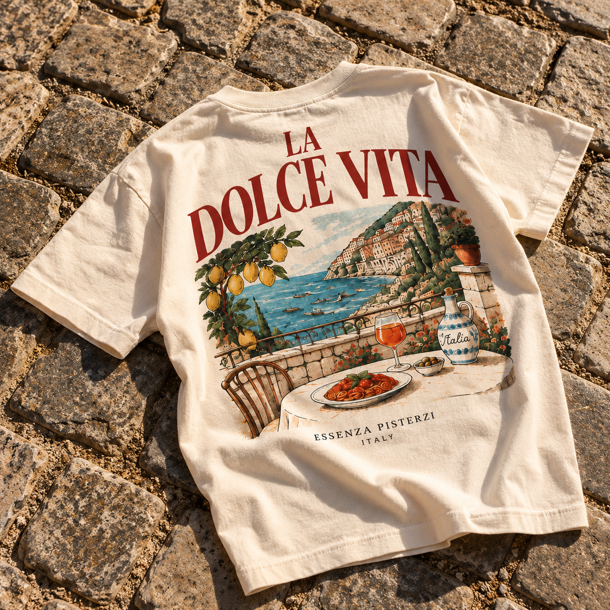 Essenza Pisterzi La Dolce Vita cream T-shirt front with lemon logo
