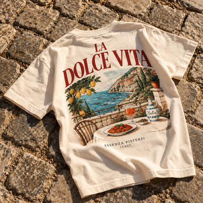 Essenza Pisterzi La Dolce Vita cream T-shirt front with lemon logo