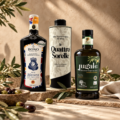 Southern Italy olive oil collection with BONO Val di Mazara DOP 750ml, JUGALE 500ml and Le Quattro Sorelle 500ml