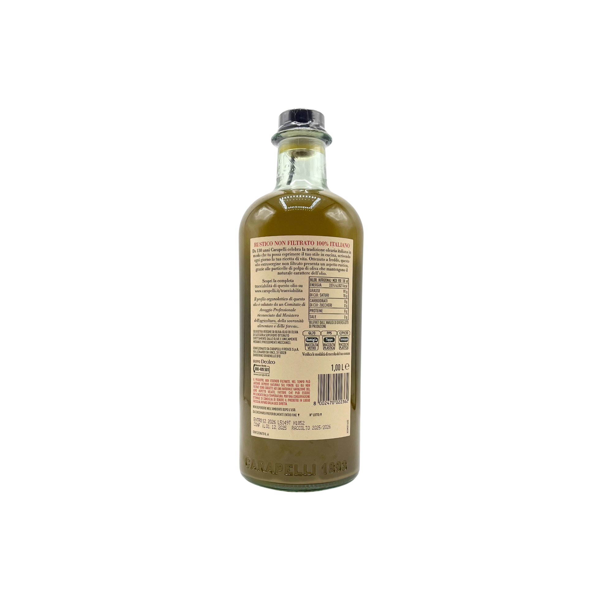 Olio Extra Vergine di Oliva Rustico Non Filtrato Carapelli 1L italiano 