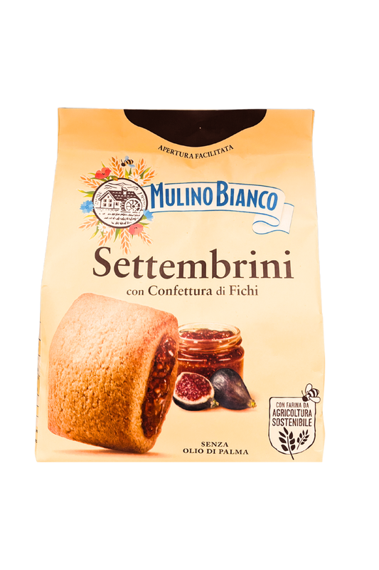 Confezione da 300g di MULINO BIANCO Settembrini, biscotti ripieni con confettura ai fichi, dolcetti italiani ideali per colazione o snack.
