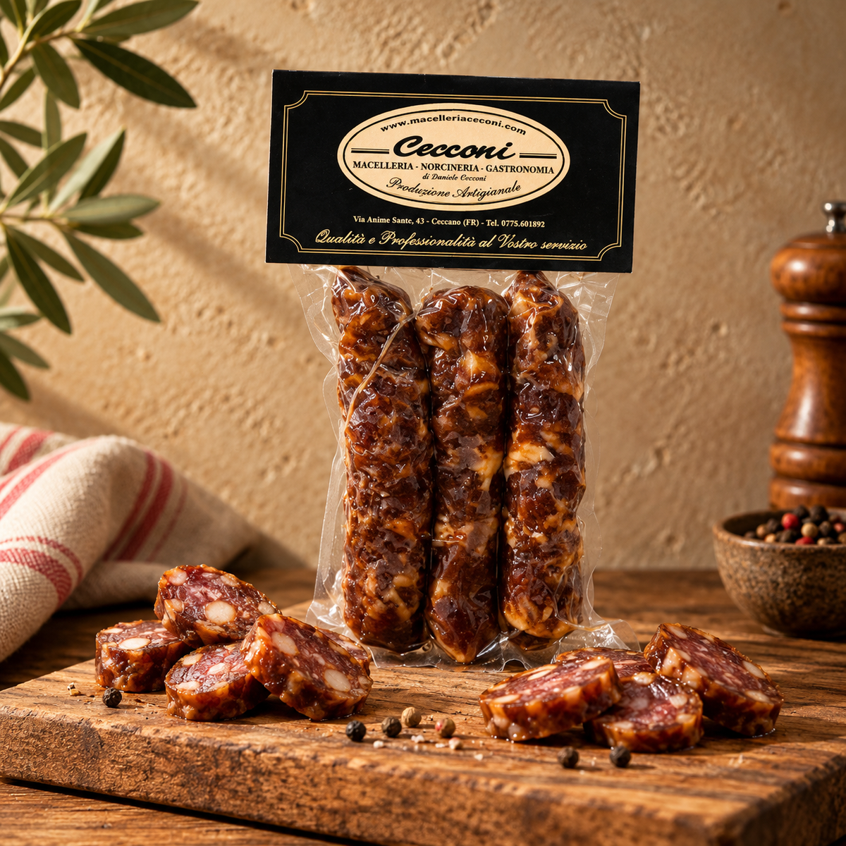 Salsiccia tradizionale italiana presentata su tagliere rustico