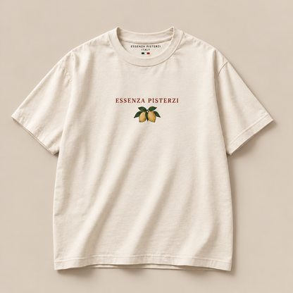 Vintage La Dolce Vita T-shirt print with lemons, Italian food and coastal scenery