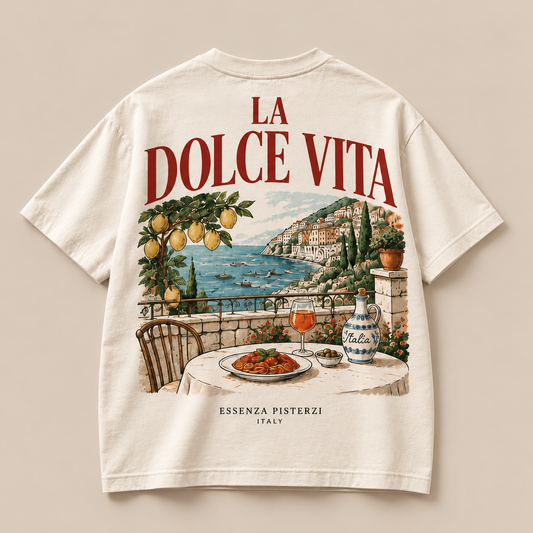 La Dolce Vita Italian graphic T-shirt back with Mediterranean coastal illustration