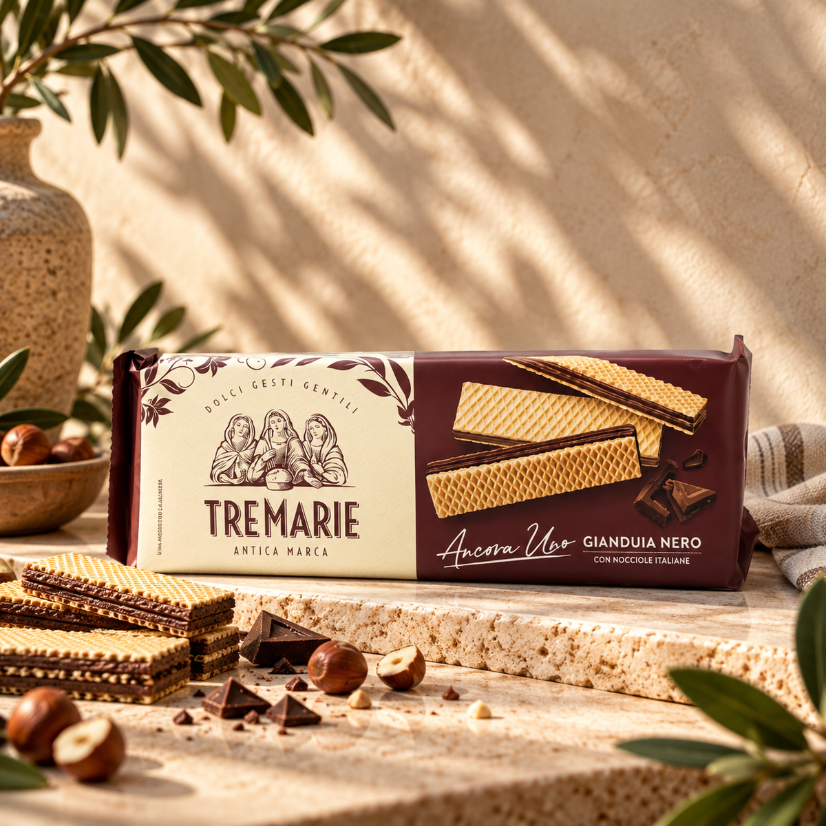 TRE MARIE Wafer Gianduia Nero con Nocciole Italiane, 140gr.