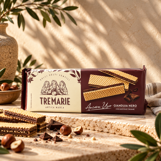TRE MARIE Wafer Gianduia Nero con Nocciole Italiane, 140gr.