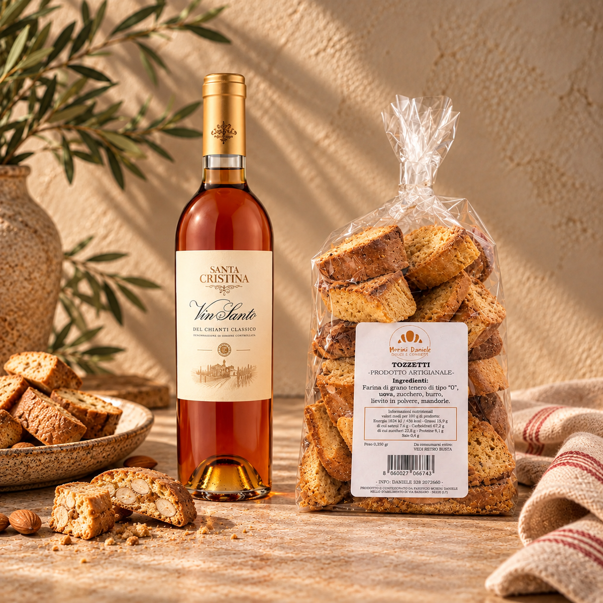 Santa Cristina Vin Santo Toscana DOC 375ml paired with traditional Italian almond Tozzetti biscuits 250g – authentic Tuscan dessert pairing