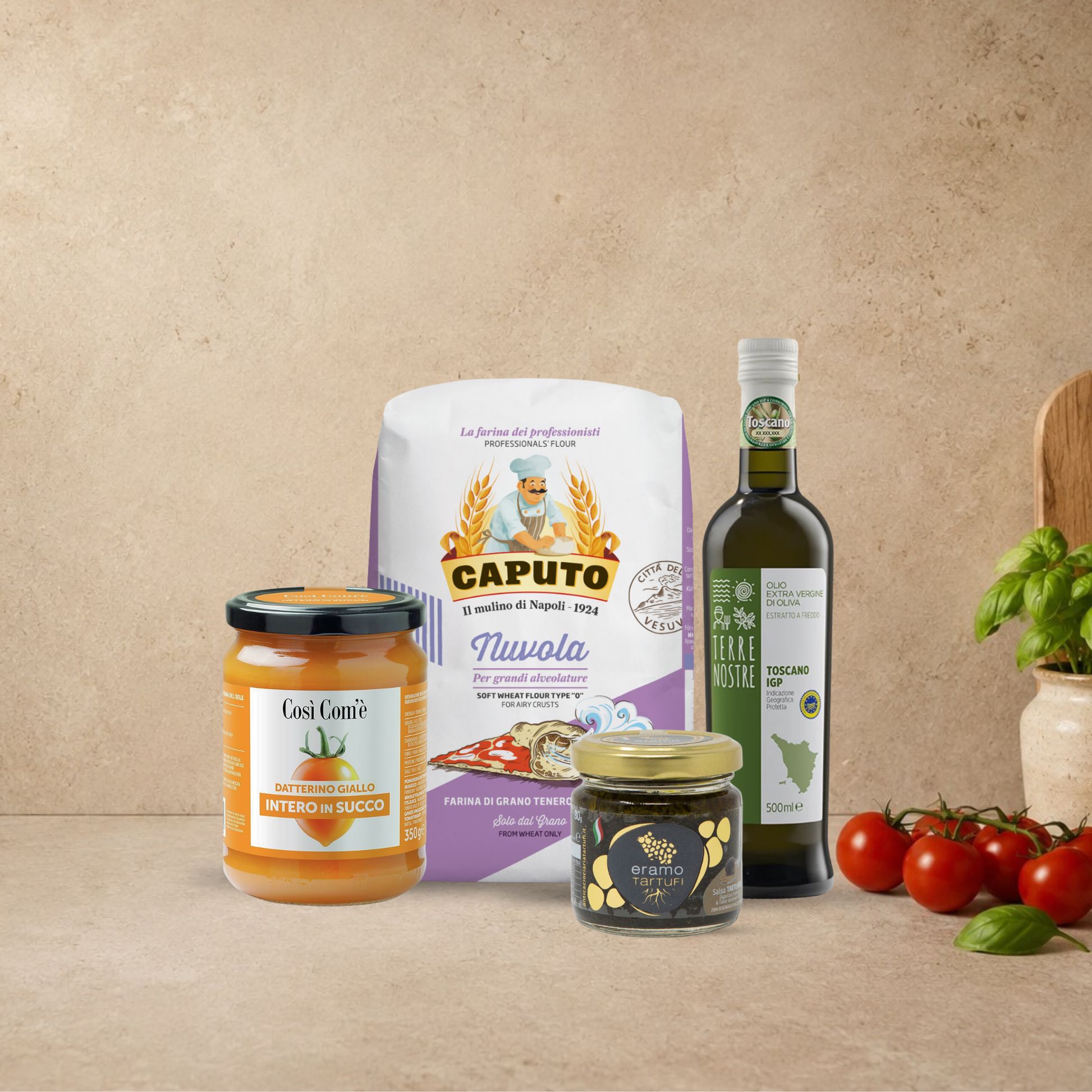 WHAT’S INCLUDED

Every kit contains carefully selected Italian ingredients:

Caputo Nuvola Pizza Flour (1kg)
Yellow Datterino Tomatoes in Juice (350g)
Eramo Tartufi Premium Truffle Sauce
Terre Nostre Tuscan Extra Virgin Olive Oil IGP (500ml)
Free Pizza Yeast