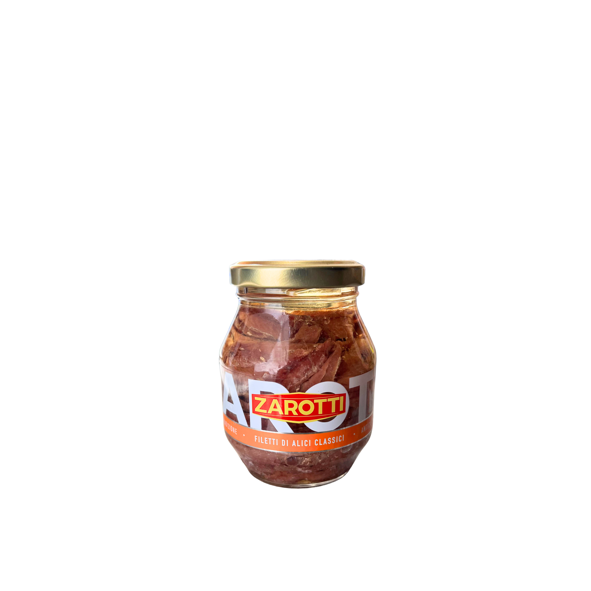ZAROTTI Filetti di Alici Classici 140g – barattolo di alici italiane classiche in olio su sfondo neutro – Essenza Pisterzi