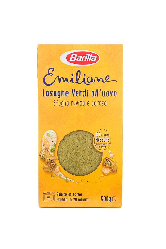 Confezione di Lasagne Verdi all’Uovo Barilla Emiliane da 500g – disponibili su Essenza Pisterzi
