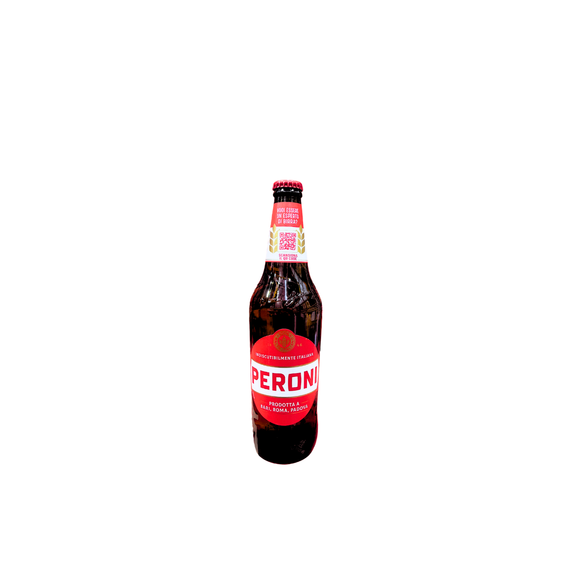 Bottiglia di Birra Peroni da 66cl, etichetta rossa e bianca - Prodotta in Italia a Bari, Roma e Padova
