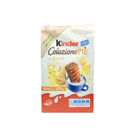 KINDER Colazione Più con 5 Cereali – 10 merendine soffici al latte e cereali, confezione su sfondo neutro – Essenza Pisterzi