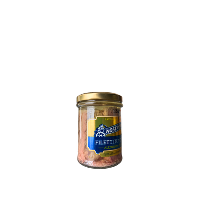NOSTROMO Filetti di Tonno all’Olio di Oliva 180g – barattolo di tonno in olio di oliva su sfondo neutro – Essenza Pisterzi