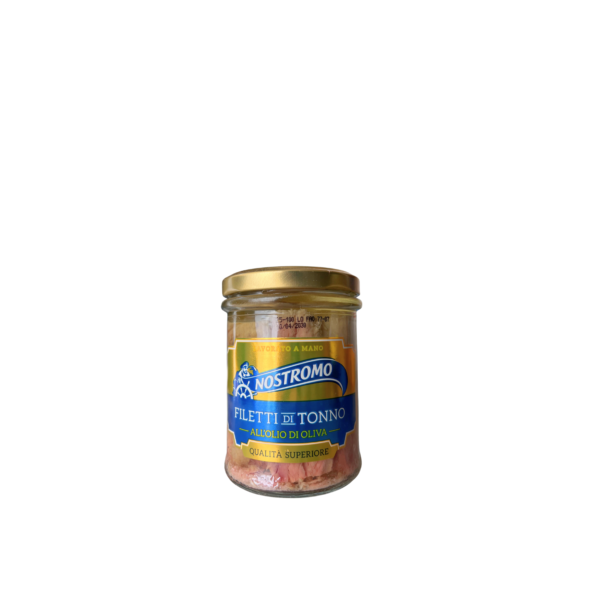 NOSTROMO Filetti di Tonno all’Olio di Oliva 180g – barattolo di tonno in olio di oliva su sfondo neutro – Essenza Pisterzi