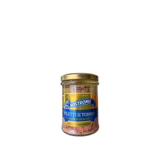 NOSTROMO Filetti di Tonno all’Olio di Oliva 180g – barattolo di tonno in olio di oliva su sfondo neutro – Essenza Pisterzi