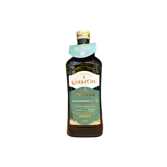 “Olio EVO COSTA D’ORO 1 litro, origine italiana, spremuto a freddo”