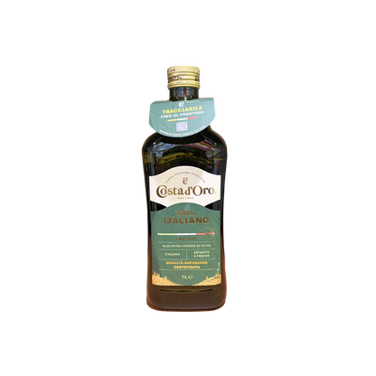 “Olio EVO COSTA D’ORO 1 litro, origine italiana, spremuto a freddo”
