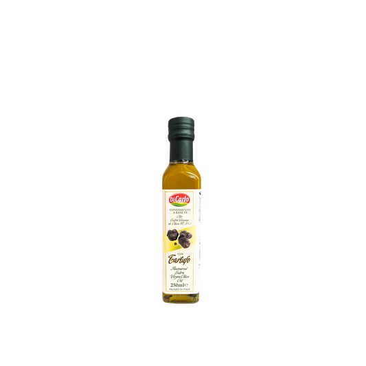 Bottiglia da 250ml di olio EVO al tartufo Di Carlo – disponibile su Essenza Pisterzi
