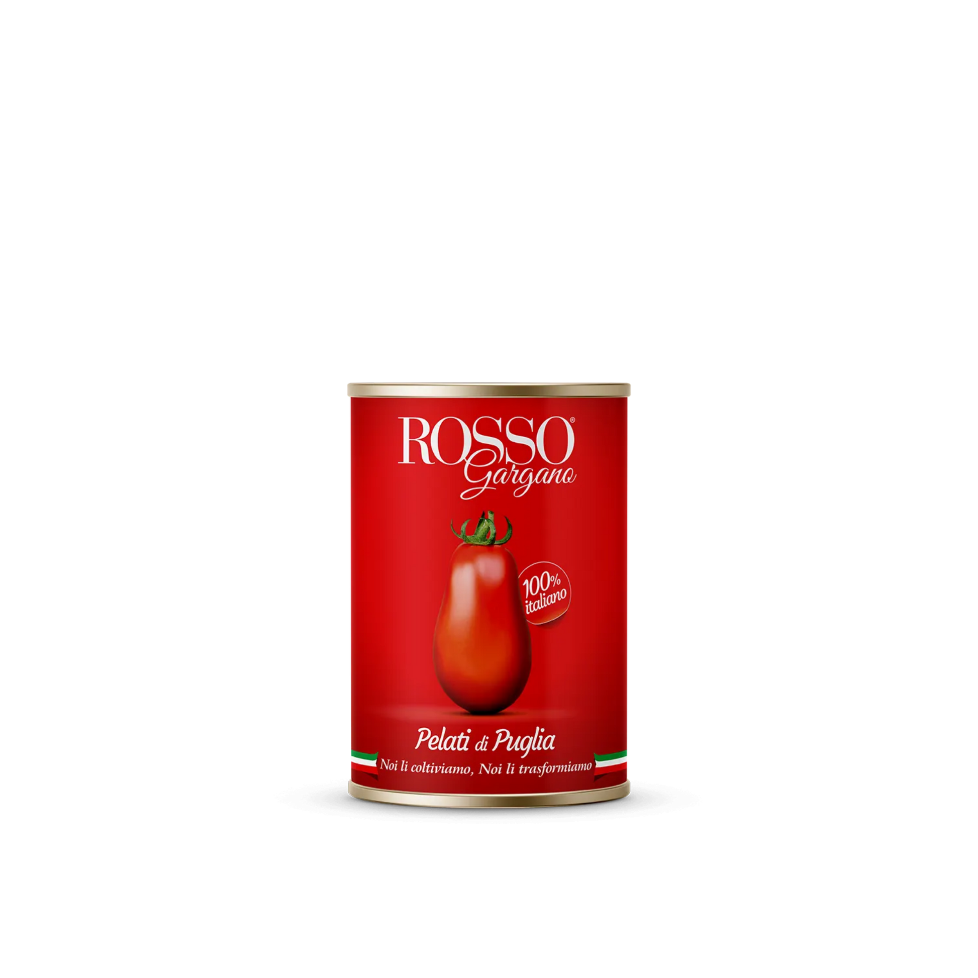 Lattina rossa di Pomodori Pelati di Puglia Rosso Gargano da 400 g con immagini di pomodori pelati
