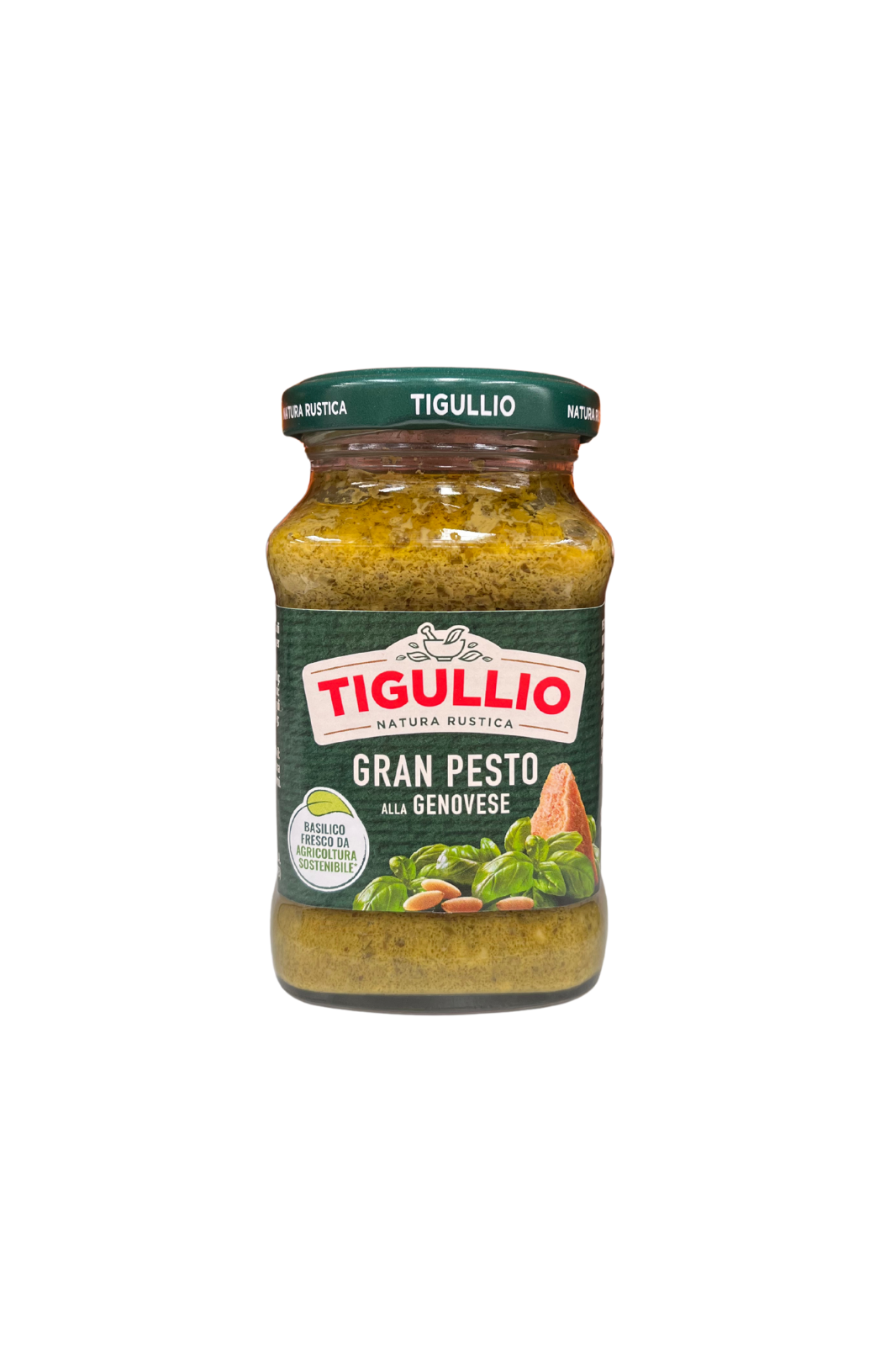 Vasetto di TIGULLIO Gran Pesto alla Genovese 190g, con basilico fresco da agricoltura sostenibile in evidenza sull’etichetta.