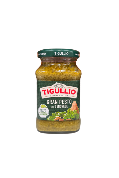 Vasetto di TIGULLIO Gran Pesto alla Genovese 190g, con basilico fresco da agricoltura sostenibile in evidenza sull’etichetta.