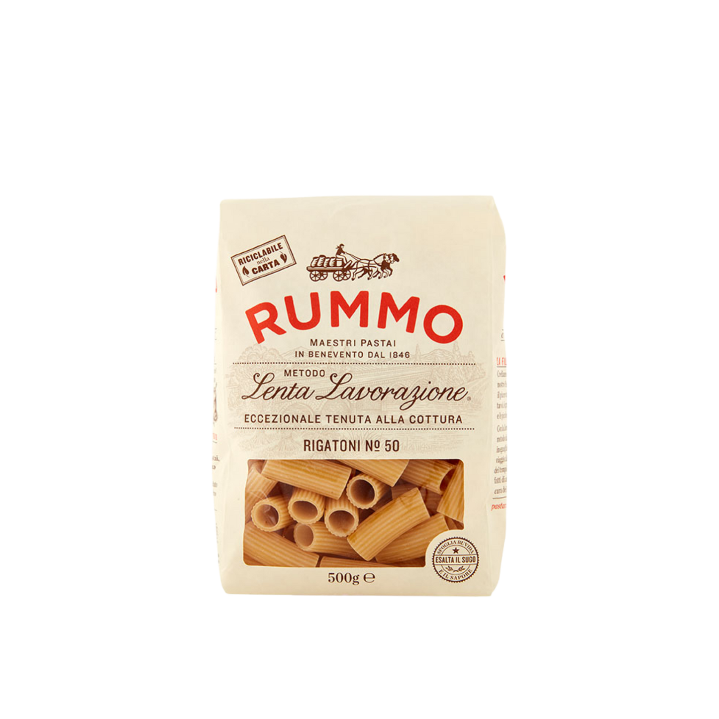 Confezione da 500g di Rigatoni Rummo – pasta corta rigata trafilata al bronzo
