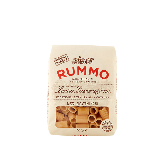 Confezione da 500g di Mezzi Rigatoni Rummo – pasta corta artigianale trafilata al bronzo
