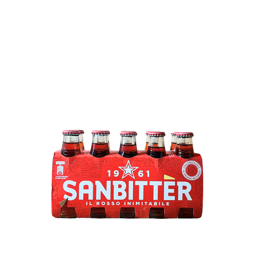Confezione da 10 bottigliette da 100ml di SANBITTER Rosso – aperitivo analcolico dal colore rubino intenso.
