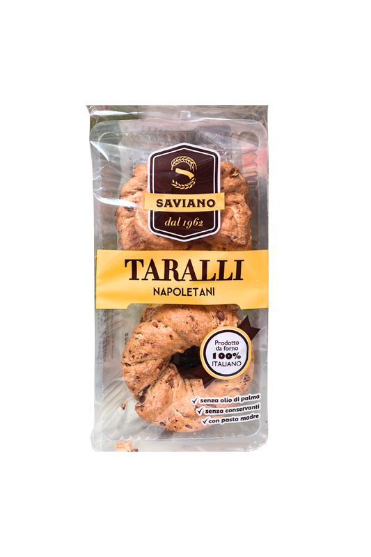 Confezione da 160g di SAVIANO Taralli Napoletani, snack salato 100% italiano, taralli dorati e croccanti visibili nella busta trasparente. aperitivo Italiano 