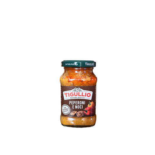 Vasetto da 185g di pesto Tigullio peperoni e noci – disponibile su Essenza Pisterzi
