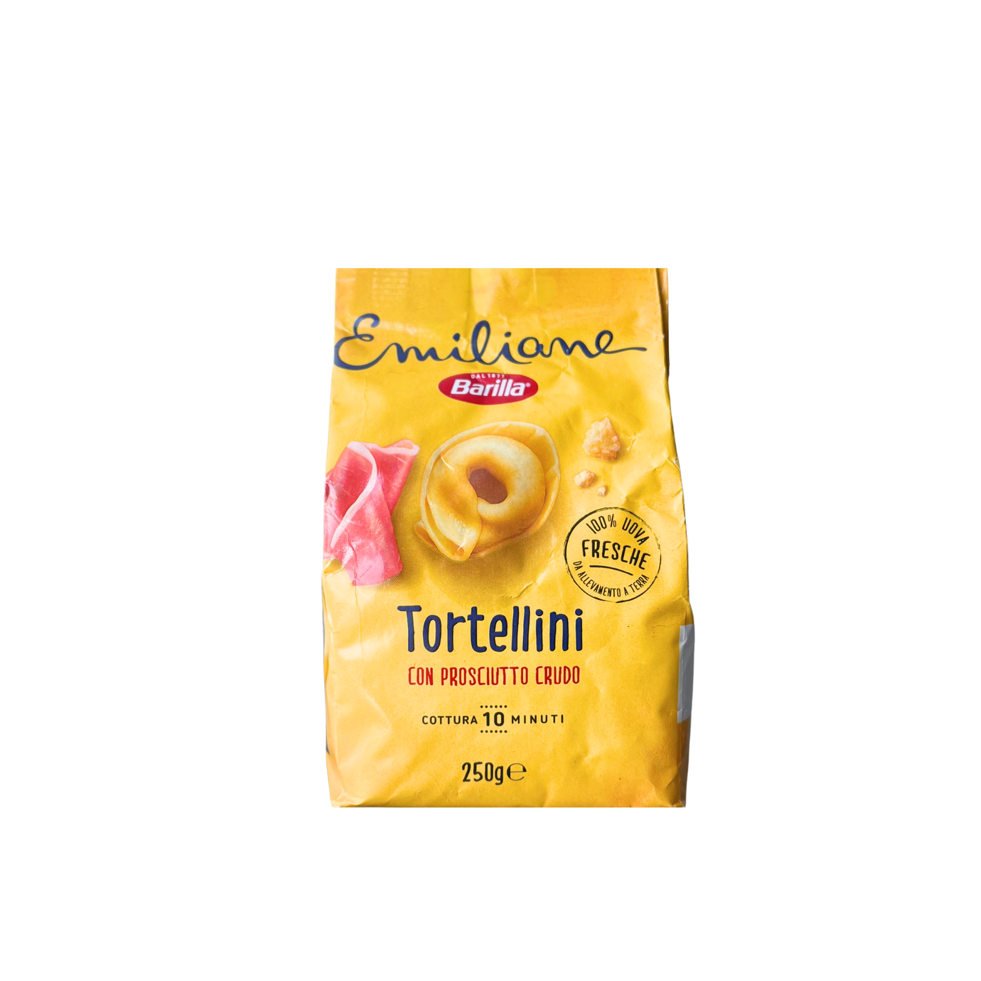 BARILLA Emiliane Tortellini Prosciutto Crudo 250g – tortellini freschi ripieni di prosciutto crudo, confezione su sfondo neutro – Essenza Pisterzi