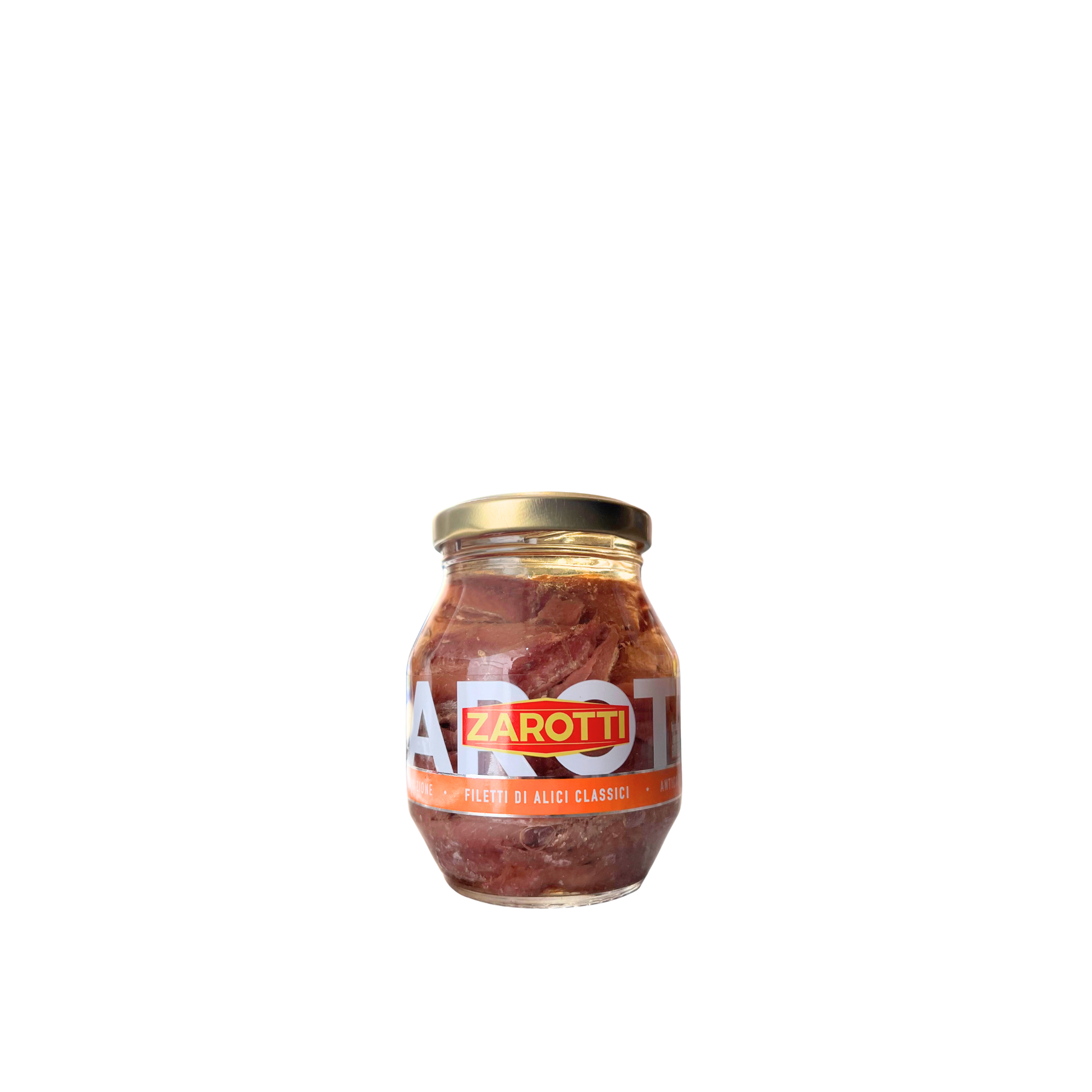 ZAROTTI Filetti di Alici Classici 140g – barattolo di alici italiane classiche in olio su sfondo neutro – Essenza Pisterzi
