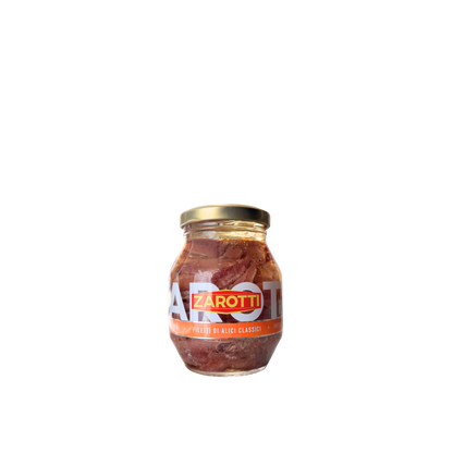 ZAROTTI Filetti di Alici Classici 140g – barattolo di alici italiane classiche in olio su sfondo neutro – Essenza Pisterzi