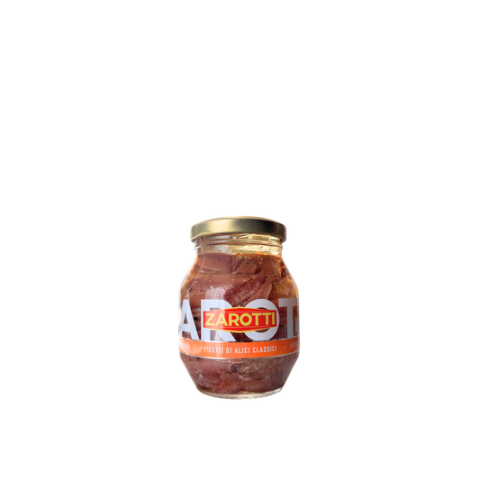 ZAROTTI Filetti di Alici Classici 140g – barattolo di alici italiane classiche in olio su sfondo neutro – Essenza Pisterzi